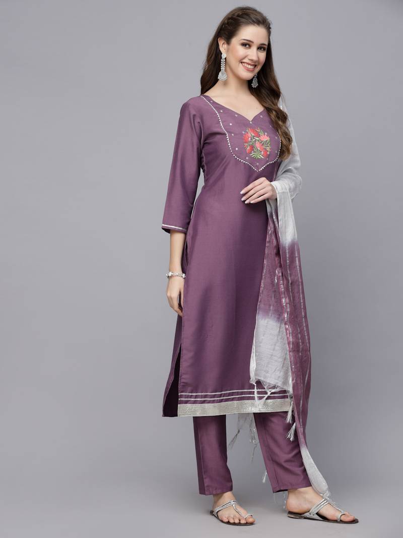 Women's Embroidered Chinnon Straight Kurta Pant Dupatta Set