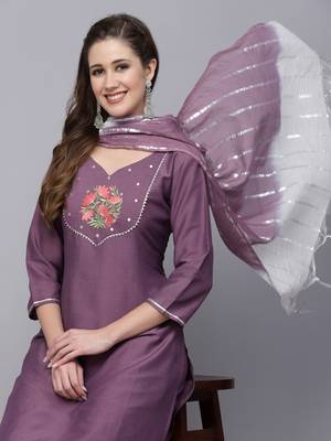Women's Embroidered Chinnon Straight Kurta Pant Dupatta Set 4