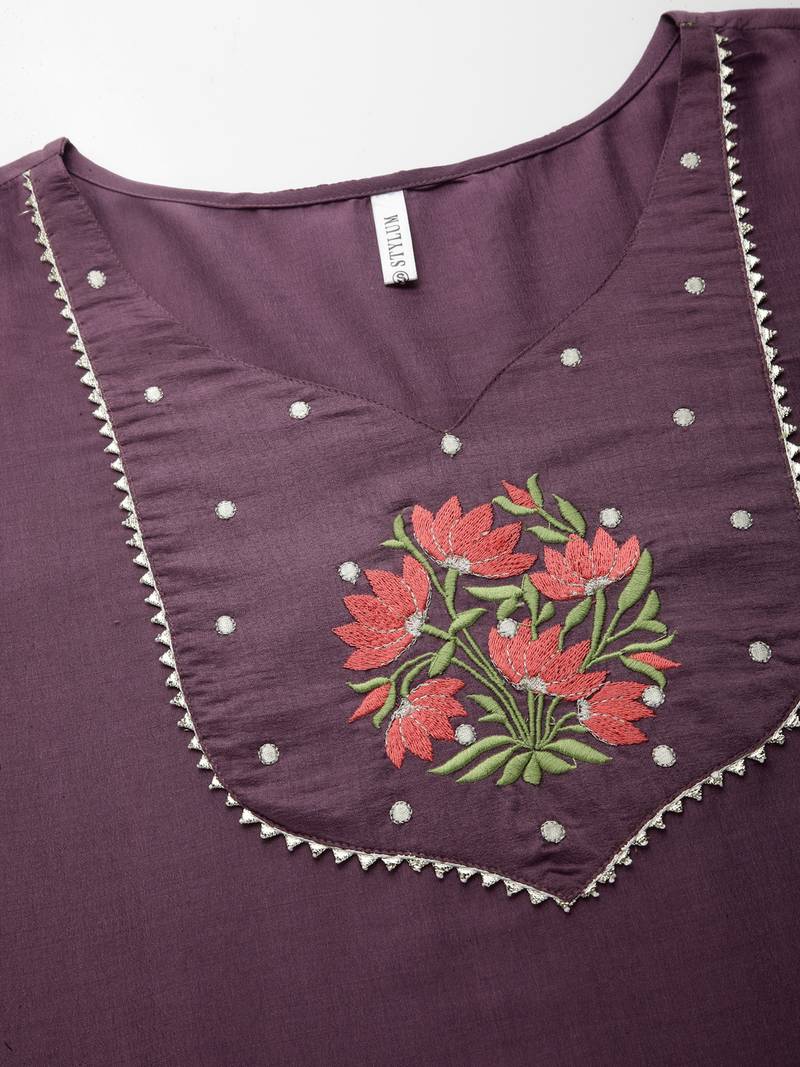 Women's Embroidered Chinnon Straight Kurta Pant Dupatta Set