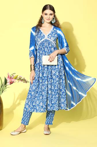 Stylum Women's Floral Printed Cotton Naira Cut Kurta Pant Dupatta Set