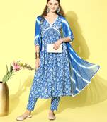 Stylum Women's Floral Printed Cotton Naira Cut Kurta Pant Dupatta Set