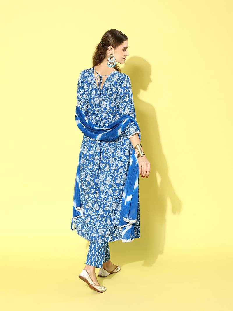 Stylum Women's Floral Printed Cotton Naira Cut Kurta Pant Dupatta Set