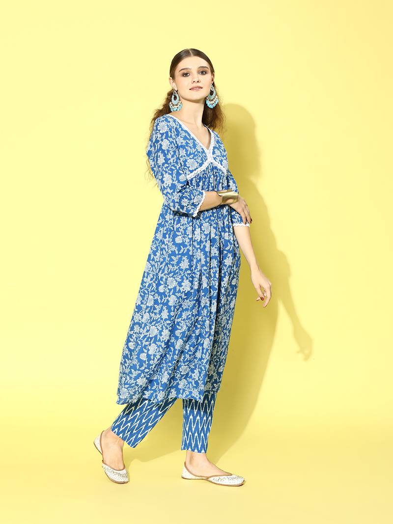 Stylum Women's Floral Printed Cotton Naira Cut Kurta Pant Dupatta Set