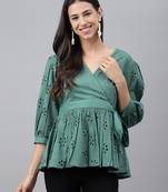 Janasya women's green cotton schiffli peplum top