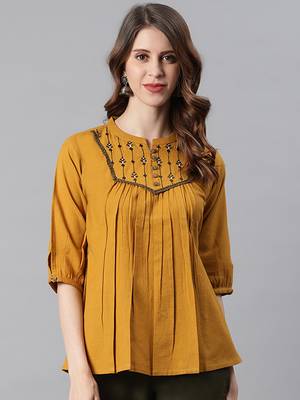 Janasya women's mustard cotton flex embroidered a-line top 1