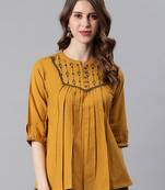 Janasya women's mustard cotton flex embroidered a-line top