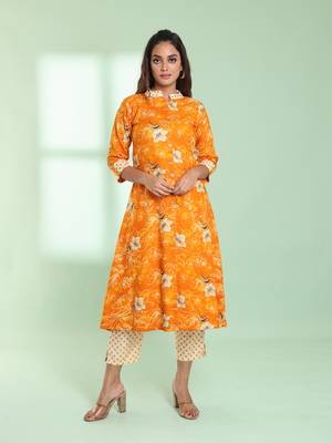 Yellow rayon floral printed a-line kurta set 1