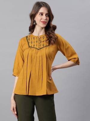 Janasya women's mustard cotton flex embroidered a-line top 2