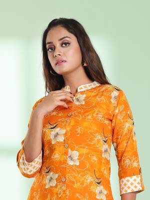 Yellow rayon floral printed a-line kurta set 2
