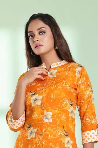 Yellow rayon floral printed a-line kurta set
