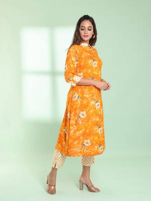 Yellow rayon floral printed a-line kurta set 3