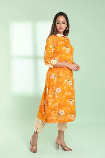 Yellow rayon floral printed a-line kurta set