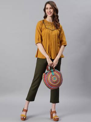 Janasya women's mustard cotton flex embroidered a-line top 3