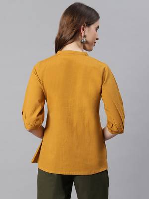 Janasya women's mustard cotton flex embroidered a-line top 4