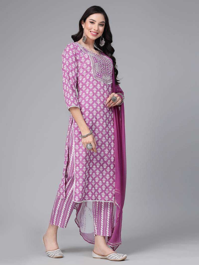 Women's Printed & Embroidered Rayon Kurta Pant Dupatta Set