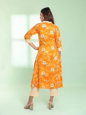 Yellow rayon floral printed a-line kurta set 4