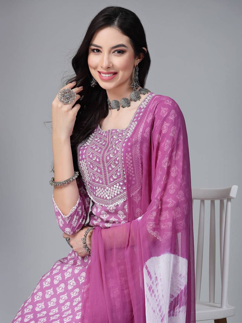 Women's Printed & Embroidered Rayon Kurta Pant Dupatta Set