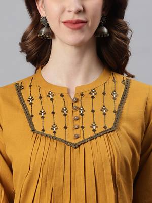 Janasya women's mustard cotton flex embroidered a-line top 5