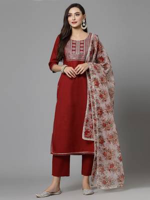 Women's Embroidered Cotton Blend Straight Kurta Pant Dupatta Set 1
