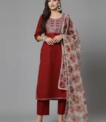 Women's Embroidered Cotton Blend Straight Kurta Pant Dupatta Set