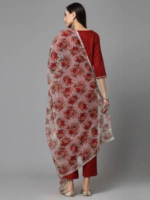 Women's Embroidered Cotton Blend Straight Kurta Pant Dupatta Set 2