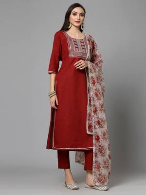 Women's Embroidered Cotton Blend Straight Kurta Pant Dupatta Set 3