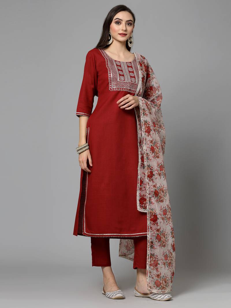 Women's Embroidered Cotton Blend Straight Kurta Pant Dupatta Set