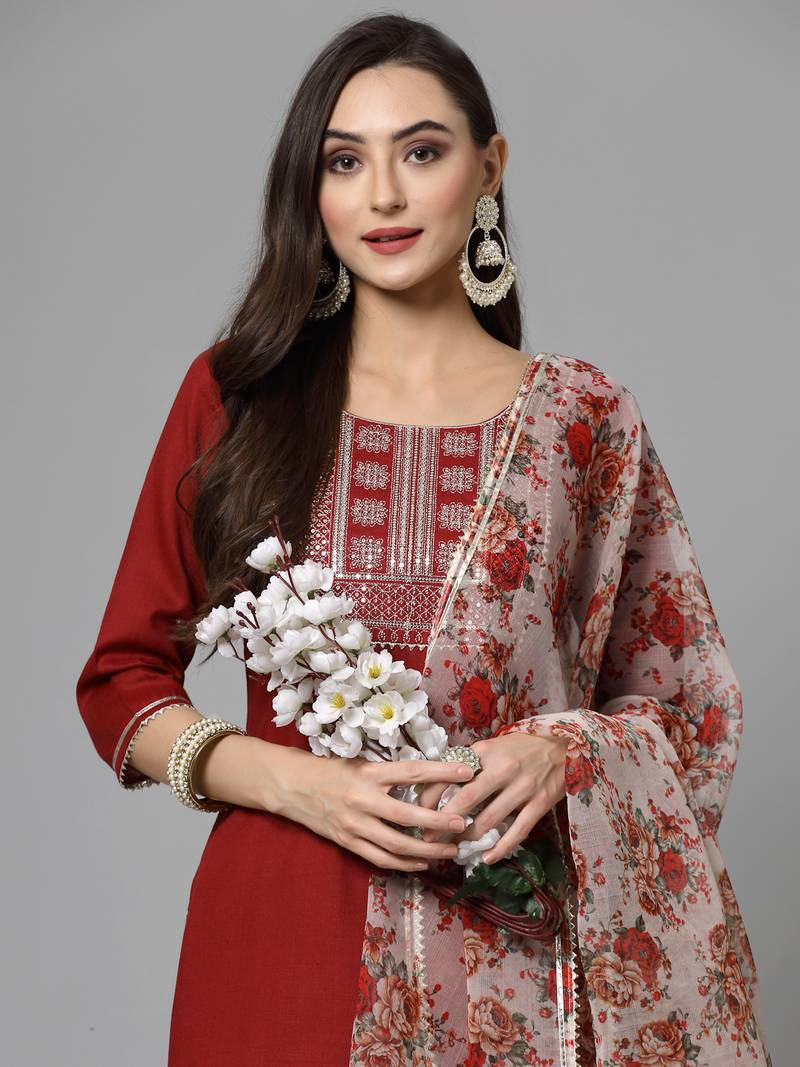 Women's Embroidered Cotton Blend Straight Kurta Pant Dupatta Set