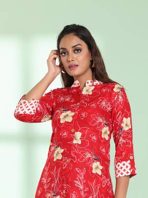 Red rayon floral printed a-line kurta set 2
