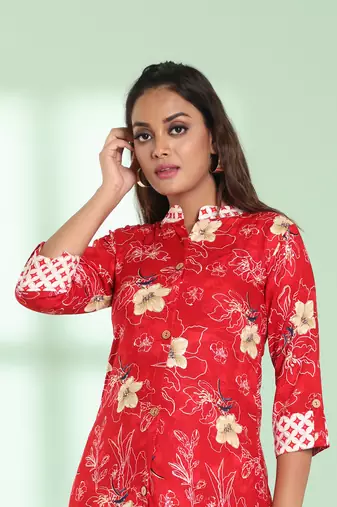 Red rayon floral printed a-line kurta set