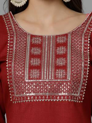 Women's Embroidered Cotton Blend Straight Kurta Pant Dupatta Set 5