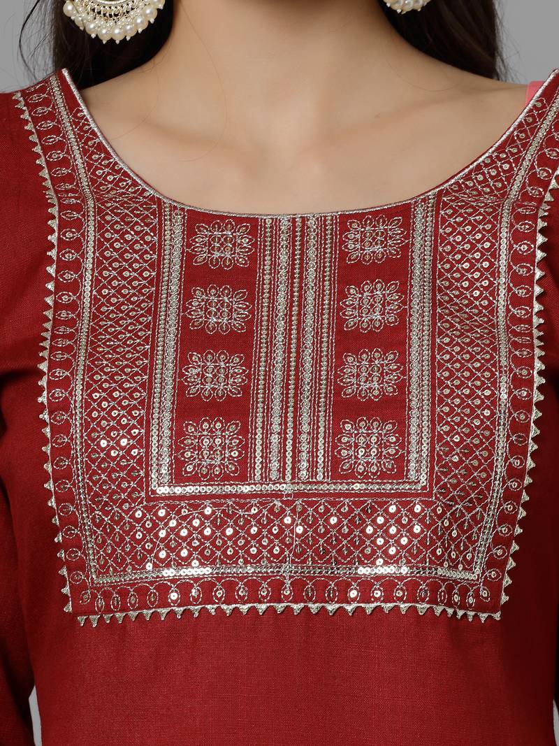 Women's Embroidered Cotton Blend Straight Kurta Pant Dupatta Set