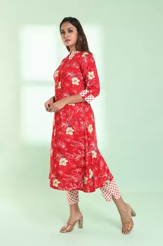 Red rayon floral printed a-line kurta set