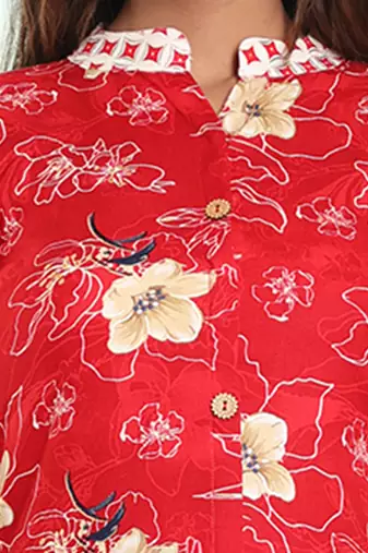 Red rayon floral printed a-line kurta set