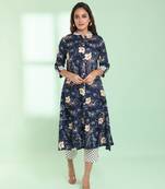 Navy blue rayon floral printed a-line kurta set