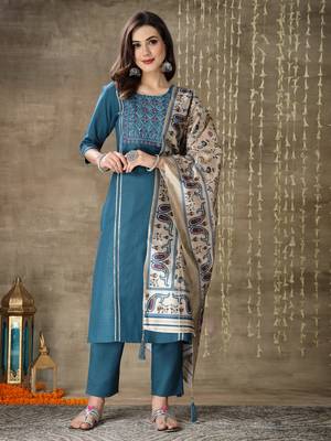 Women's Embroidered Cotton Blend Straight Kurta Pant Dupatta Set 1