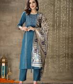 Women's Embroidered Cotton Blend Straight Kurta Pant Dupatta Set