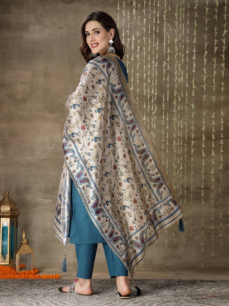 Women's Embroidered Cotton Blend Straight Kurta Pant Dupatta Set