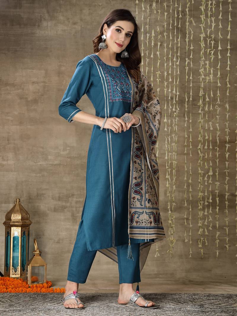 Women's Embroidered Cotton Blend Straight Kurta Pant Dupatta Set