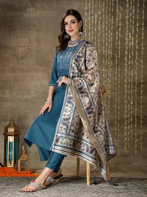 Women's Embroidered Cotton Blend Straight Kurta Pant Dupatta Set 4