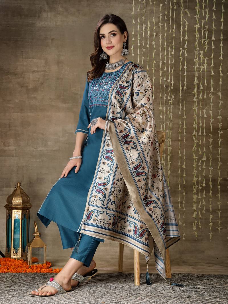 Women's Embroidered Cotton Blend Straight Kurta Pant Dupatta Set