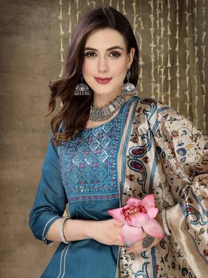 Women's Embroidered Cotton Blend Straight Kurta Pant Dupatta Set 5