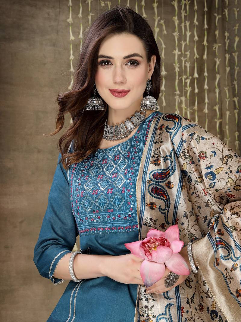 Women's Embroidered Cotton Blend Straight Kurta Pant Dupatta Set