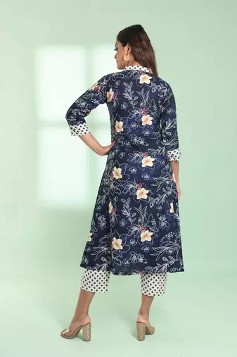 Navy blue rayon floral printed a-line kurta set