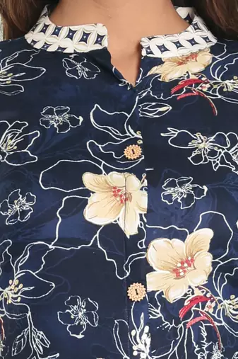 Navy blue rayon floral printed a-line kurta set