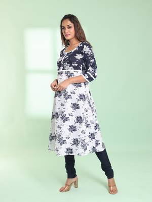 White cotton floral printed fit & flare kurta set 3