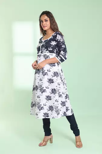 White cotton floral printed fit & flare kurta set