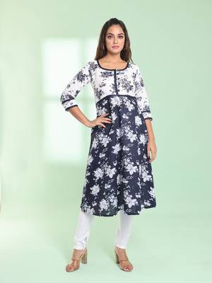 Navy blue cotton floral printed fit & flare kurta set 1