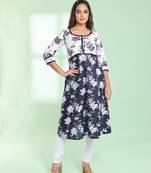 Navy blue cotton floral printed fit & flare kurta set