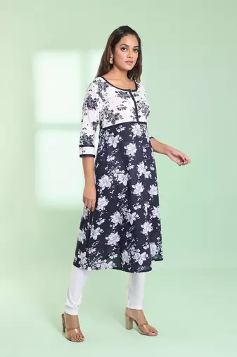 Navy blue cotton floral printed fit & flare kurta set